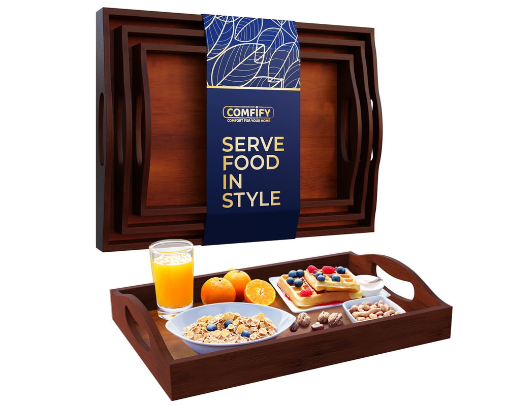 Comfify Bamboo Serving Trays – Set of 3 Ottoman Trays for Food, Entertaining, and Decor – Minimalist Design