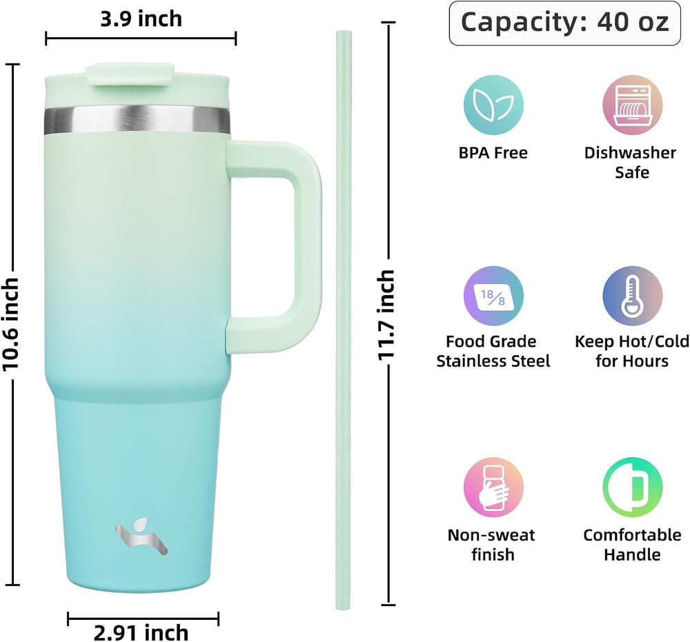 Konokyo 40 oz Tumbler with Handle and 2 Straws,2 in 1 Lid Insulated Water Bottle Stainless Steel Travel Coffee Mug,Mint