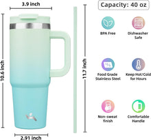 Konokyo 40 oz Tumbler with Handle and 2 Straws,2 in 1 Lid Insulated Water Bottle Stainless Steel Travel Coffee Mug,Mint