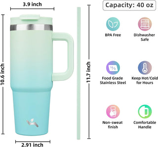 Konokyo 40 oz Tumbler with Handle and 2 Straws,2 in 1 Lid Insulated Water Bottle Stainless Steel Travel Coffee Mug,Mint