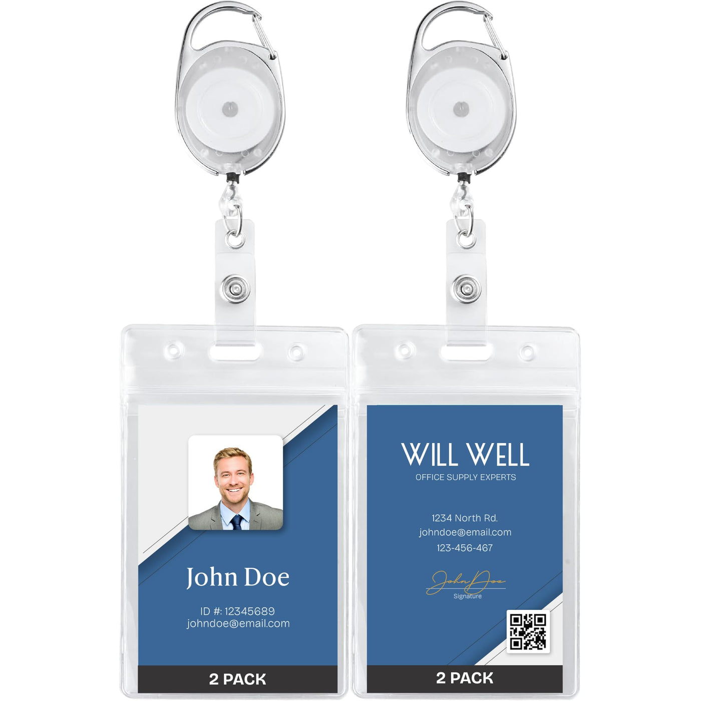 Will Well ID Badge Holders with Clip and Keyring - Vertical Clear Plastic 2.52" x 3.58" Sleeves Fit Up to 3 Cards - Retractable 24" UHMWPE Fiber Pull Cords for Easy Access - 2-Pack, Black Reels
