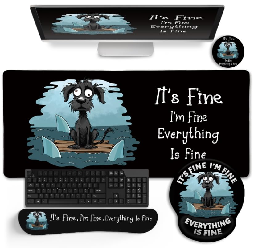 LIMKRIAN Desk Mat Set, Large Gaming Mouse Pad with Wrist Rest, Ergonomic Mouse Pad Keyboard Mat Wrist Support, Cup Coaster, Home Office Desk Accessories Decor Supplies, Funny Black Cat