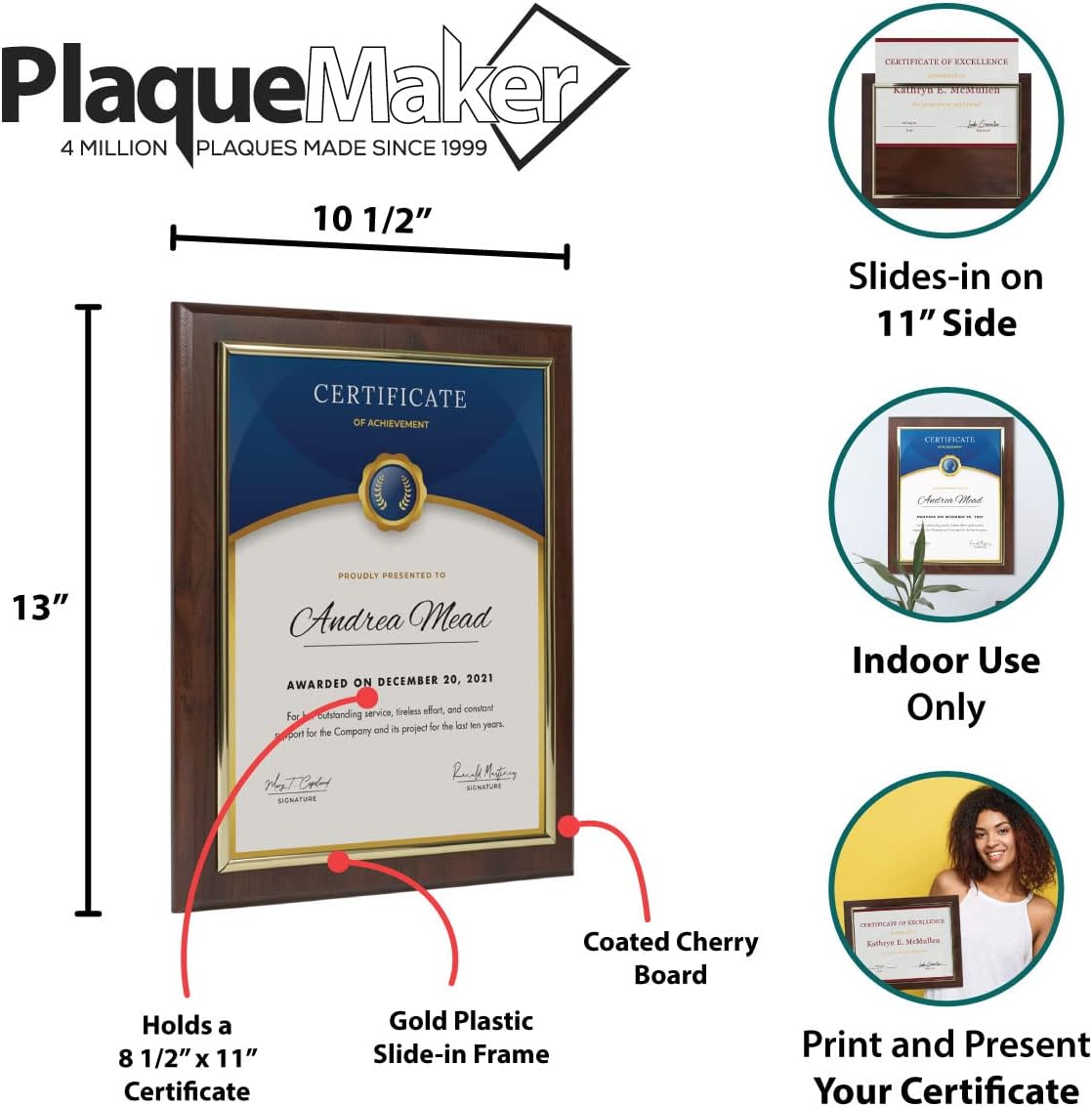 10.5 x 13" Certificate Display Plaque - Offered in Coated Cherry Wood with an 8.5 x 11" Gold Frame - Slide in your Diploma, Award Certificate, Award of Achievement, Class Photo, and More