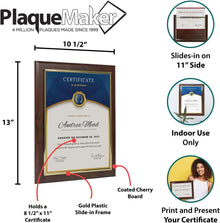 10.5 x 13" Certificate Display Plaque - Offered in Coated Cherry Wood with an 8.5 x 11" Gold Frame - Slide in your Diploma, Award Certificate, Award of Achievement, Class Photo, and More