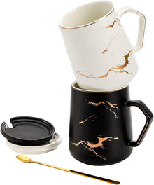 ZENFUN 2 Pack Ceramic Mug Set for Couple, Coffee Mugs with Gift Box, Engagement Wedding Gift 13.5 oz Porcelain Mug Set with Lid and Gold Spoon Marbling, His and Hers, Christmas( Black&White)