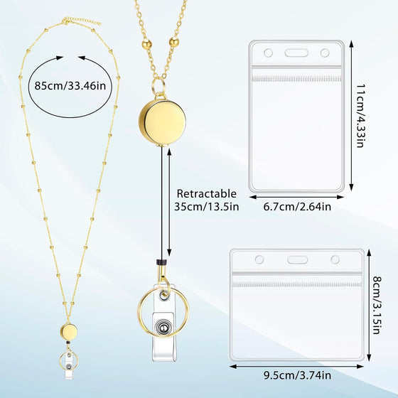 Lanyards for Id Badges Stainless Steel Badge Lanyard with 2 Pcs Waterproof Badge Holder Retractable Badge Reels Teacher Gifts Lanyard for Cruise Ship Key Cards (Gold) - hover image