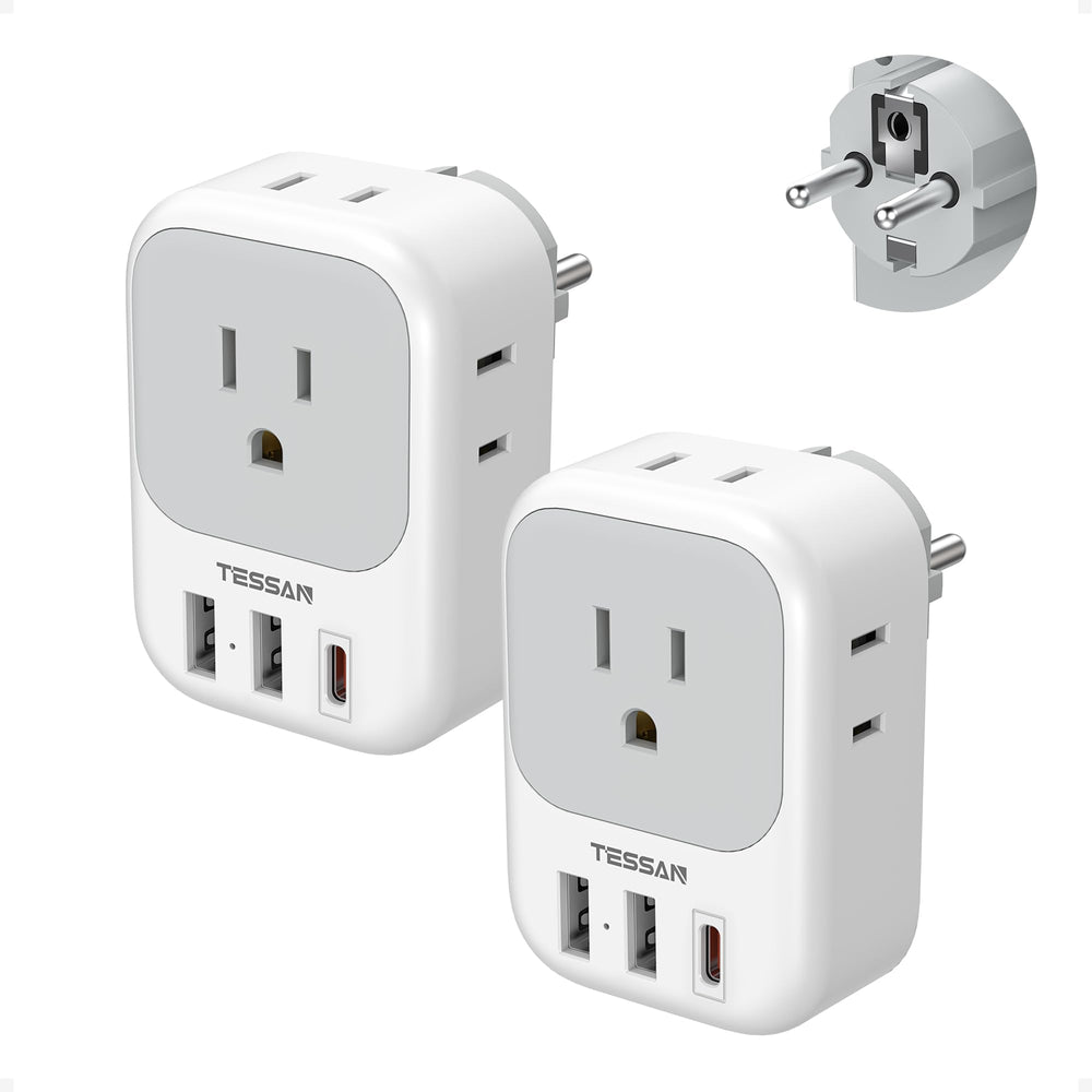 TESSAN 2 Pack European Travel Plug Adapter, Europe Power Converter 4 Outlets 3 USB(1 USB C PD 20W), Type C International Adaptor to Italy Spain France Portugal Iceland Germany, EU Travel Essentials