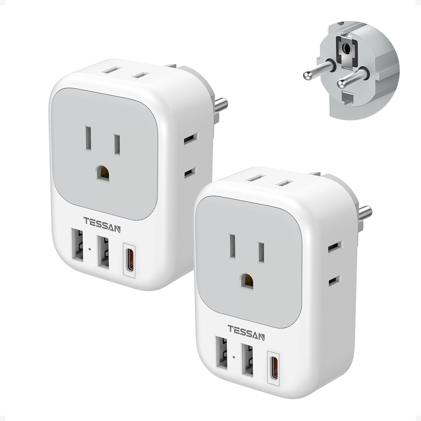 TESSAN 2 Pack European Travel Plug Adapter, Europe Power Converter 4 Outlets 3 USB(1 USB C PD 20W), Type C International Adaptor to Italy Spain France Portugal Iceland Germany, EU Travel Essentials