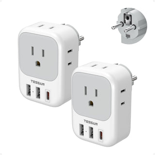 TESSAN 2 Pack European Travel Plug Adapter, Europe Power Converter 4 Outlets 3 USB(1 USB C PD 20W), Type C International Adaptor to Italy Spain France Portugal Iceland Germany, EU Travel Essentials