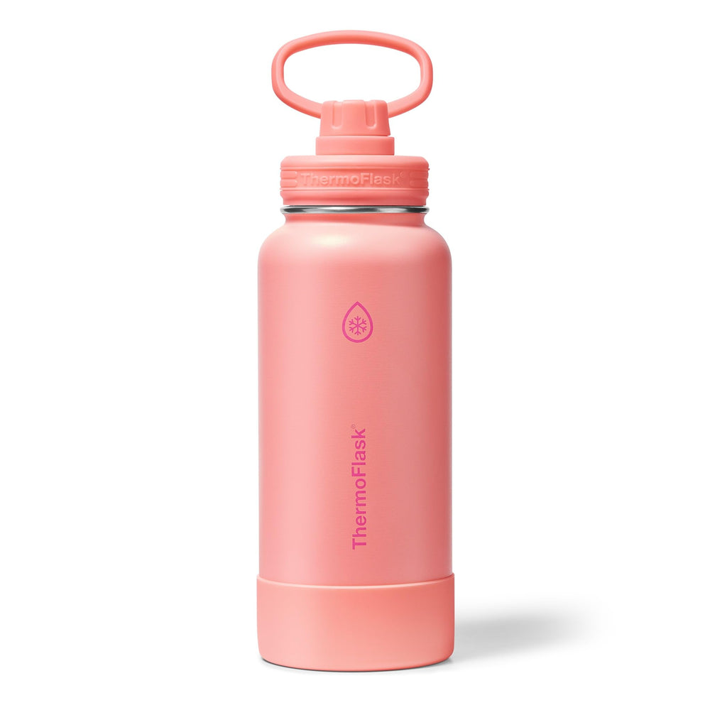 ThermoFlask Stainless Steel Water Bottles 2-Pack - Double-Wall Vacuum Insulated 24 oz BPA-Free Spout Lids - Keeps Drinks Cold 24 Hrs, Hot 12 Hrs - Leakproof, Dishwasher Safe, White/Coral