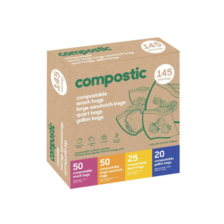 Compostic Compostable Sandwich Bags, Snack Bags, Quart & Gallon Food Storage Bags Variety Pack (145 Count) — Resealable Zip-Seal, Plant-Based, Freezer & Microwave Safe, Non-Toxic, BPA-Free, GMO-Free