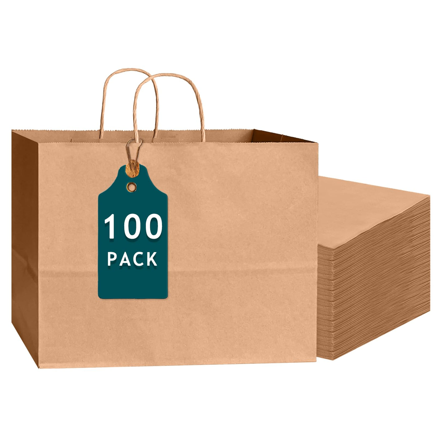 Bakepacker 100-Pack Wide Large Size Paper Bags With Handles Bulk 12.6"x4.3"x10" Black Party Kraft Shopping Bags