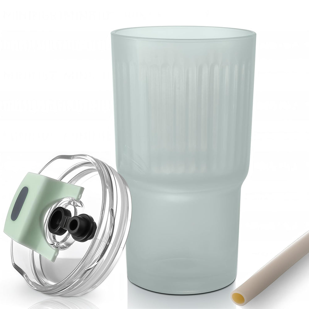 Iced Coffee Cups with Lids: Coffee Bar Accessories - Ribbed Glass Tumbler with Straw and Lid 4Pcs - 20oz Leak Proof Tumbler - Reusable Glass Cups and Tumblers with Lid and Straws for To Go Iced Coffee