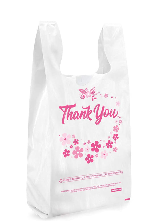 Lina Plastics- 100 Pack Thank You T-Shirt Bags, Plastic-Bulk Shopping Bags, Restaurant Bag -Plastic Bags in Bulk (12" x 7" x 23")