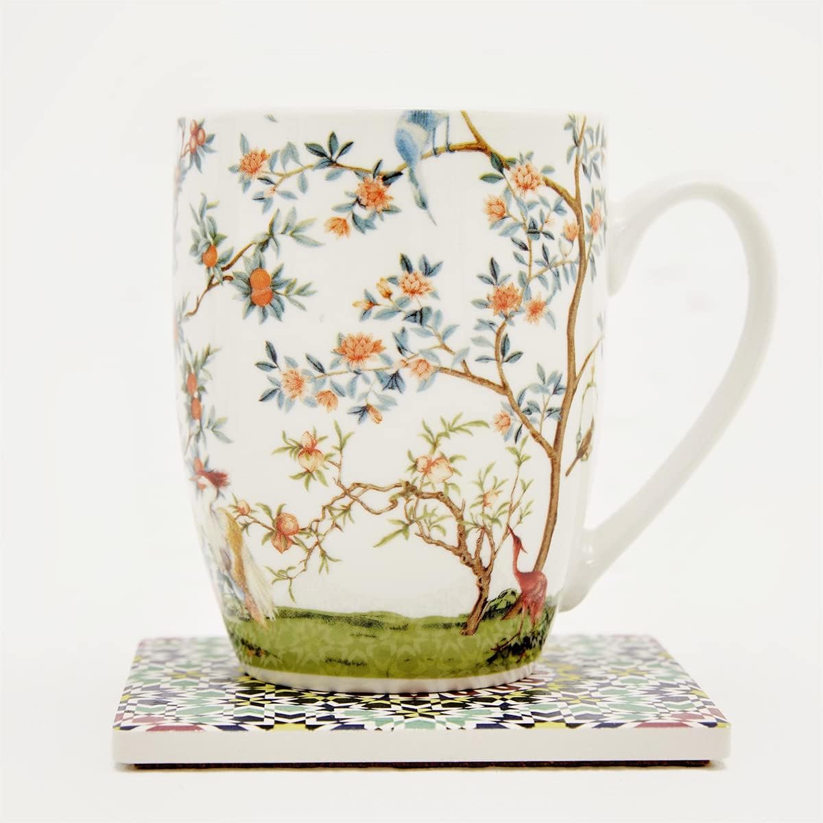 ALYC Fine China Coffee Mug Set – Bird and Branch Flower Teacup Design – 2Pack Porcelain Tea Cups with Gift Box (Bullet 12OZ)