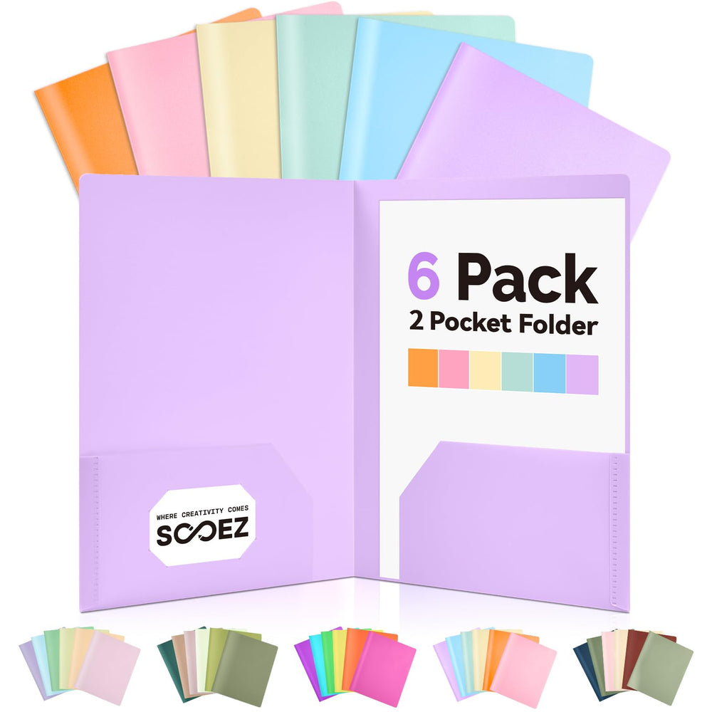 Sooez 6Pack Folders with Pockets, Pastels Colors, Heavy Duty Pocket Folder, Plastic Folders with Pockets, 2-Pocket Folder Bulk, Aesthetic File Folder, Back to School Office Filing Supplies