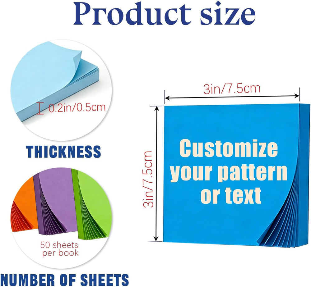 Bulk Personalized Sticky Notes 3x3 Custom Logo Text Notepads, 50 Sheets per Pad, 2-100 Pack Branded Memo Pads for Business Marketing Office School