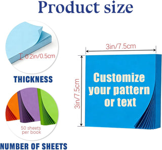 Bulk Personalized Sticky Notes 3x3 Custom Logo Text Notepads, 50 Sheets per Pad, 2-100 Pack Branded Memo Pads for Business Marketing Office School