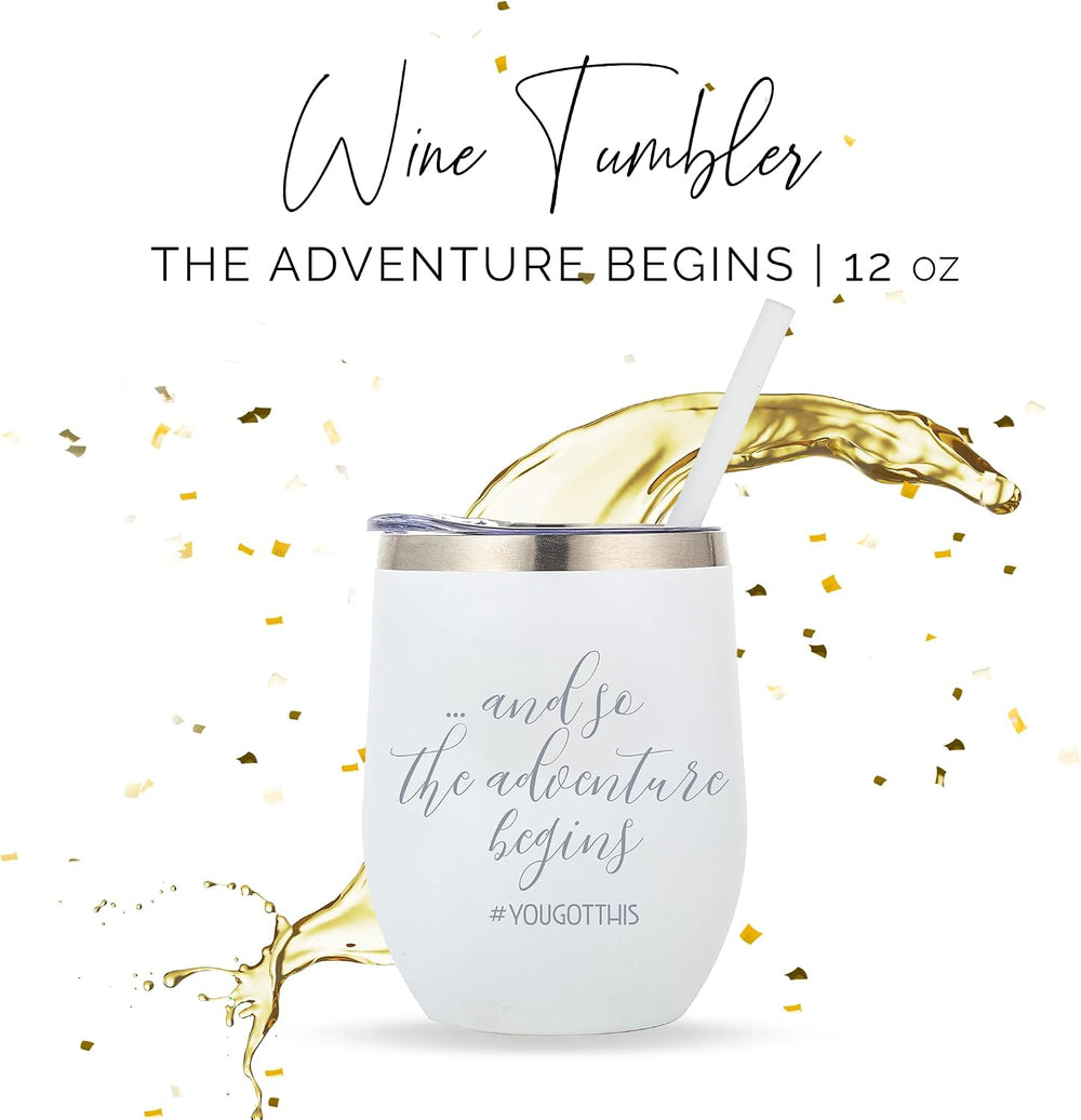 The Adventure Begins - Congratulations Gifts For Women, Going Away Gifts for Friends Moving, or Welcome To the Team- Perfect New Beginnings Gift - 12oz Stainless Steel Glass with Straw and Lid