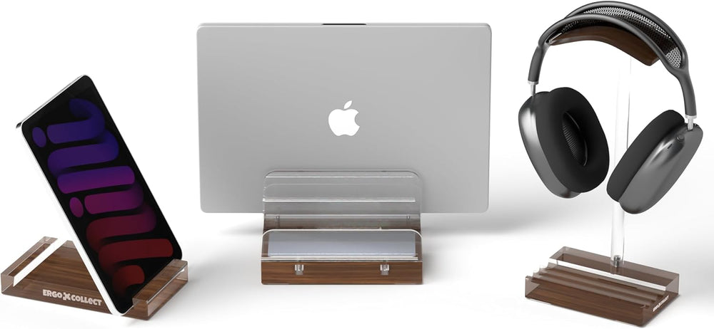 Vertical Laptop Stand for Desk – Adjustable Dual Slot Holder (Fits 2 Laptops & Controller), with Matching Headphone Stand & Phone/Tablet Holder, Acrylic Wood Finish