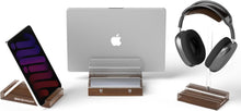 Vertical Laptop Stand for Desk – Adjustable Dual Slot Holder (Fits 2 Laptops & Controller), with Matching Headphone Stand & Phone/Tablet Holder, Acrylic Wood Finish