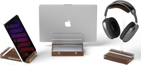 Vertical Laptop Stand for Desk – Adjustable Dual Slot Holder (Fits 2 Laptops & Controller), with Matching Headphone Stand & Phone/Tablet Holder, Acrylic Wood Finish - hover image
