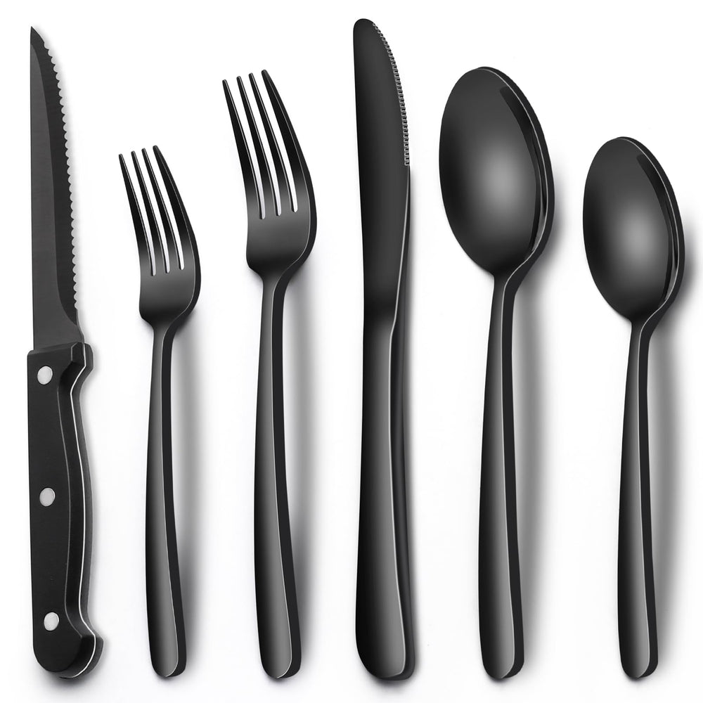EWFEN 24-Piece Black Silverware Set with Steak Knives, Black Flatware Set for 4, Food-Grade Stainless Steel Tableware Cutlery Set, Mirror Finished Utensil Sets for Home Restaurant, Round Edge
