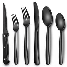 EWFEN 24-Piece Black Silverware Set with Steak Knives, Black Flatware Set for 4, Food-Grade Stainless Steel Tableware Cutlery Set, Mirror Finished Utensil Sets for Home Restaurant, Round Edge
