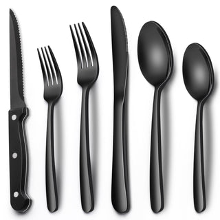 EWFEN 24-Piece Black Silverware Set with Steak Knives, Black Flatware Set for 4, Food-Grade Stainless Steel Tableware Cutlery Set, Mirror Finished Utensil Sets for Home Restaurant, Round Edge