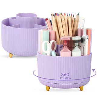 SKYDUE 360 Rotating Plastic Desk Pen Organizer with 5 Slots, Dual-Purpose Art Supply Pencil Cup for Office, School, Home