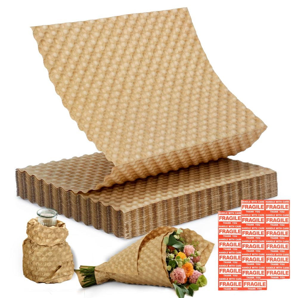 Paper Bubble Wrap Sheets for Packing 15" x 12” x 50 FT Bubble Wrap for Moving,Packing,Shipping, Recyclable Packing Paper for Glass,Dishes, Biodegradable Cushioning Wrap with 24 Fragile Stickers