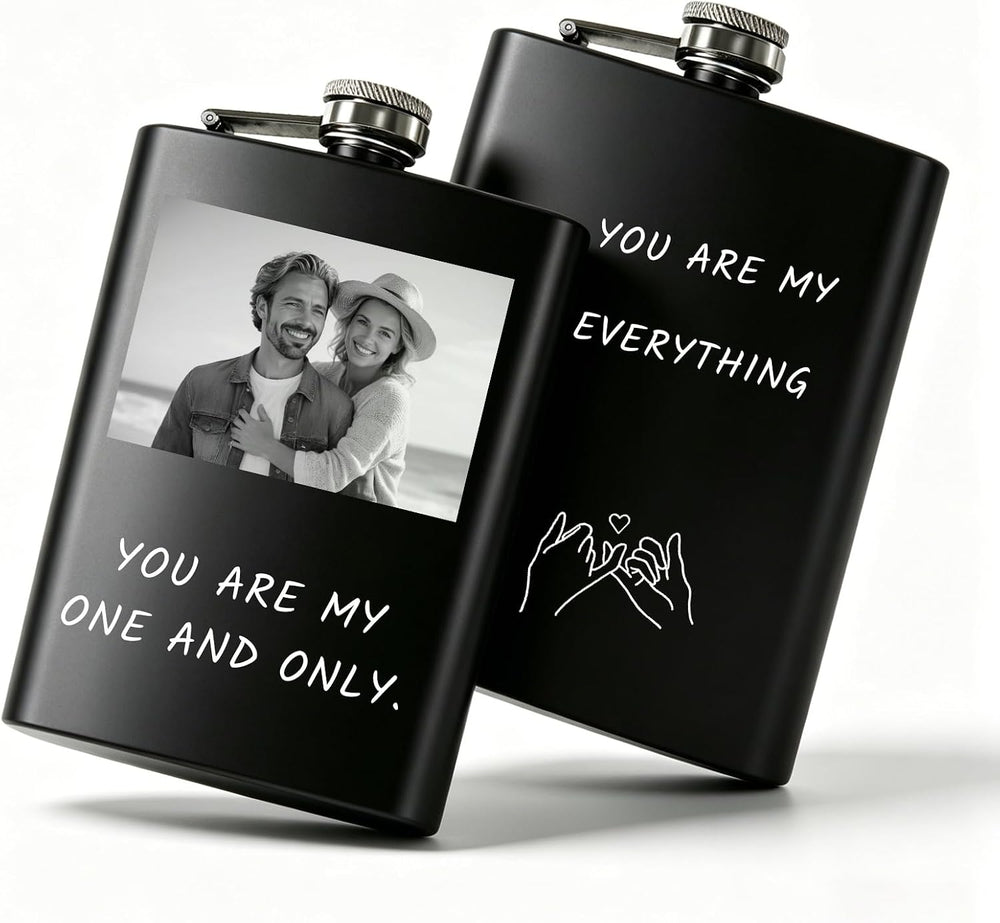 Personalized Custom Flask for Men, 8oz Engraved Stainless Steel Hip Flask with Photo & Text, Customized Liquor Flask for Dad, Husband, Groomsmen (custom flask 2)