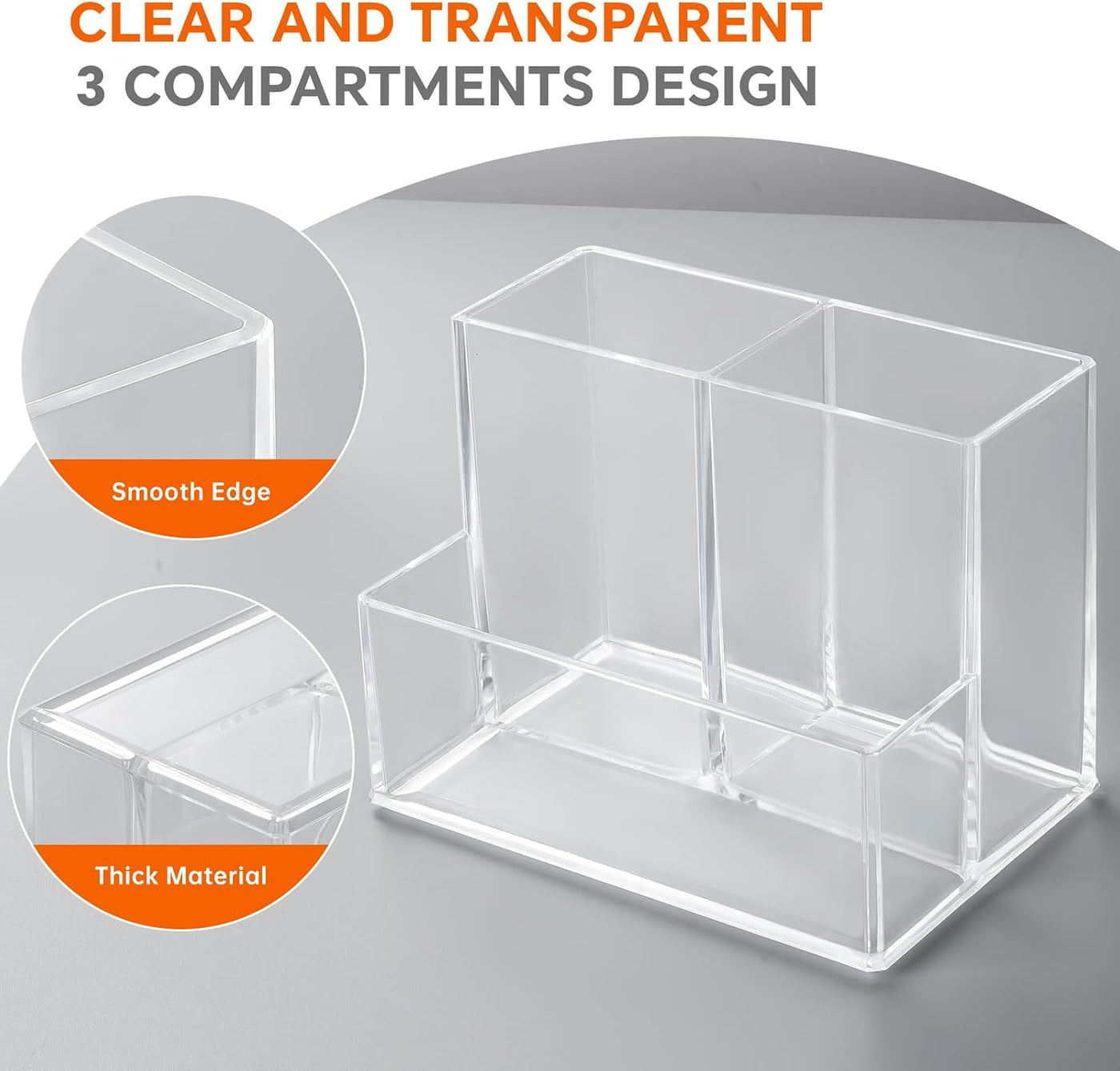 Pen Holder for Desk, Clear Acrylic Pencil Holder for Desk, Marker Holder with 3 Compartments, Pencil Organizer for Home, Office, Classroom, Bathroom | for Desk