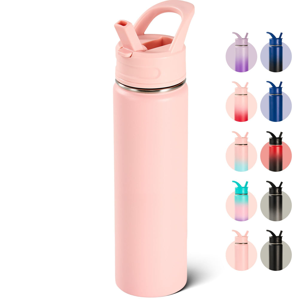 Fijinhom 18oz Insulated Stainless Steel Water Bottle with Straws, Double Wall Vacuum Insulated Bottles, Metal Thermo for Travel, Sports, Leak-Proof, BPA Free, Women & Men, Black