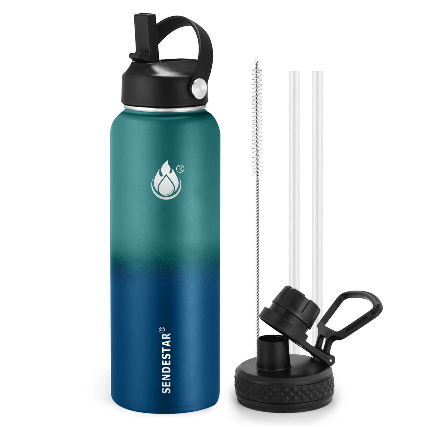 SENDESTAR Water Bottle 32oz Double Wall Vacuum Insulated Leak Proof Stainless Steel Sports Water Bottle—Wide Mouth with New Flex Straw Lid & Spout Lid (Deep Blue&Black)