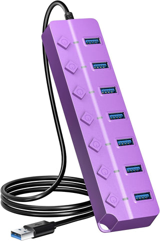 ONFINIO USB Hub 3.0, 7-Port USB Hub Splitter with Individual On/Off Switches and Lights, 3.2ft/1m Long Cable Compatible with MacBook, Laptop, Surface Pro, PS4, PC, Flash Drive, Mobile HDD-Purple