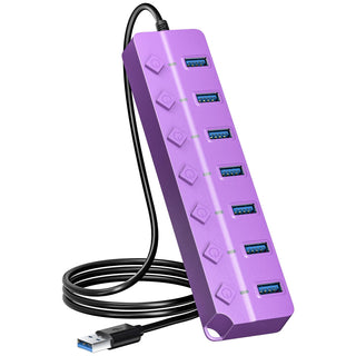 ONFINIO USB Hub 3.0, 7-Port USB Hub Splitter with Individual On/Off Switches and Lights, 3.2ft/1m Long Cable Compatible with MacBook, Laptop, Surface Pro, PS4, PC, Flash Drive, Mobile HDD-Purple