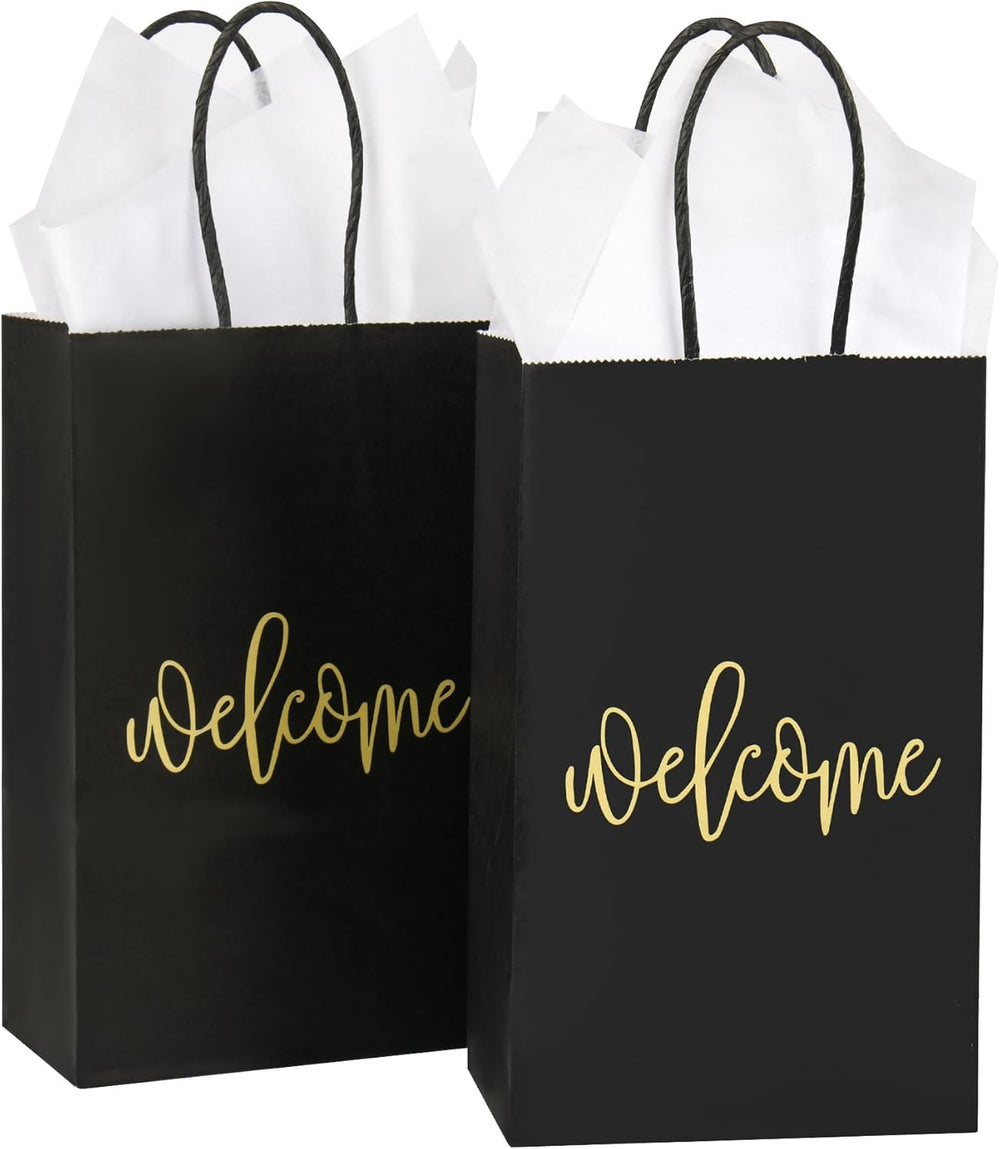 50 Pack Small Welcome Gift Bags 9x5.5x3.15 Inch with 50 Sheets White Tissue Paper for Wedding Hotel Guests, Black Party Favor Bags with Handles for Engagements, Baby Showers, Birthday Goodies