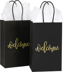 50 Pack Small Welcome Gift Bags 9x5.5x3.15 Inch with 50 Sheets White Tissue Paper for Wedding Hotel Guests, Black Party Favor Bags with Handles for Engagements, Baby Showers, Birthday Goodies