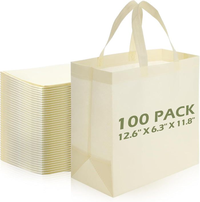 Reginary 100 PCS Reusable Totes Bags - Non Woven Grocery Handle Bags for Shop Events & Retail Store (Beige)