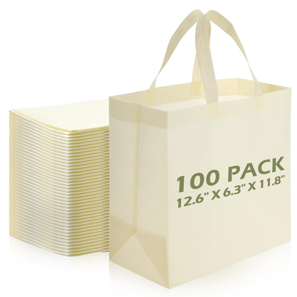 Reginary 100 PCS Reusable Totes Bags - Non Woven Grocery Handle Bags for Shop Events & Retail Store (Beige)
