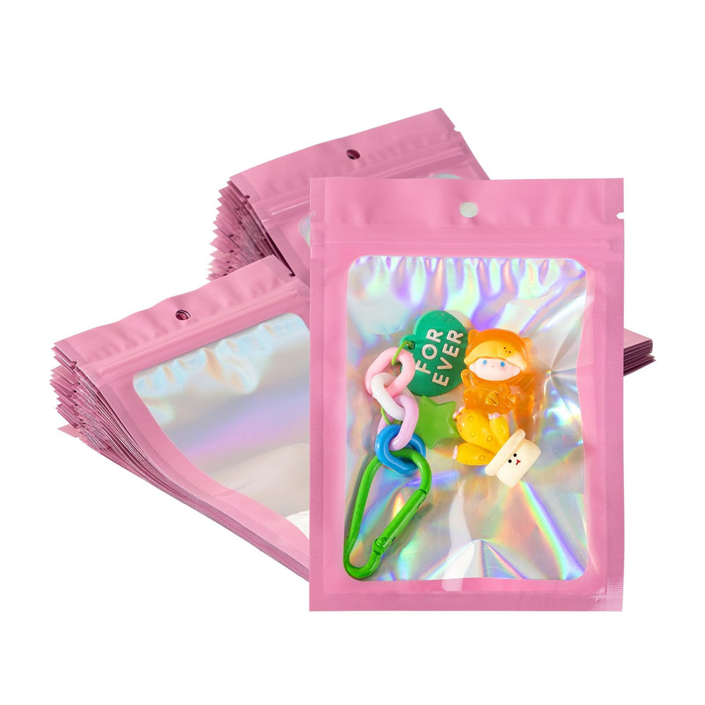 50Pcs Black Holographic Mylar Bags, 5.5x7.8 inch Resealable Foil Zipper Pouches for Gummies, Party Favors, Small Business Packaging
