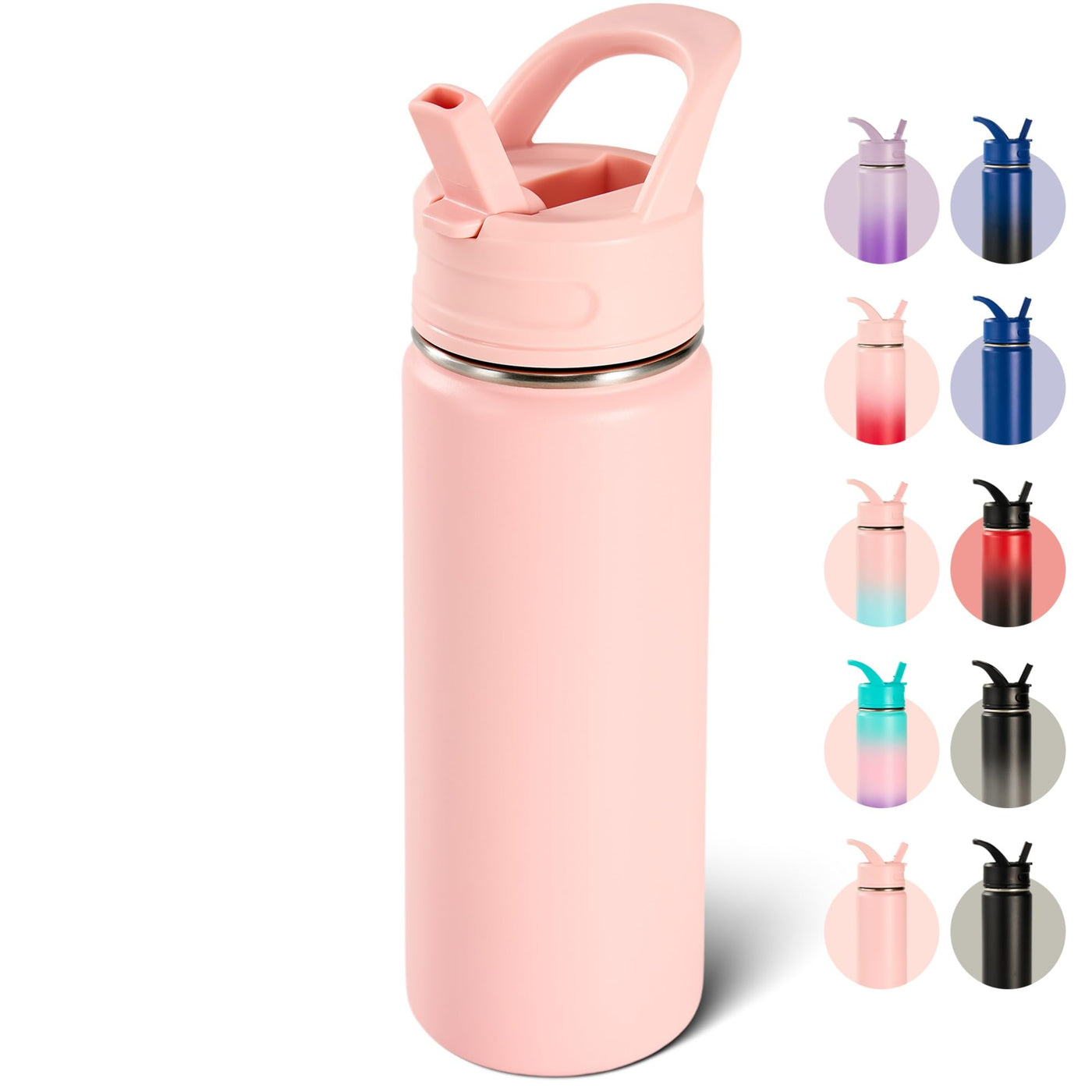 Fijinhom 18oz Insulated Stainless Steel Water Bottle with Straws, Double Wall Vacuum Insulated Bottles, Metal Thermo for Travel, Sports, Leak-Proof, BPA Free, Women & Men, Black