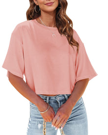Tankaneo Women Half Sleeve Cropped T-Shirts Drop Shoulder Round Neck Crop Tops Casual Summer Solid Color Basic Tees