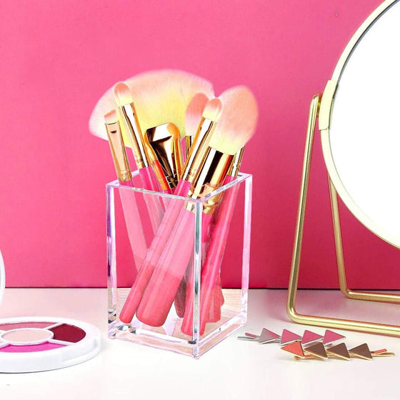 2 Pack Clear Acrylic Pencil Pen Holder Cup,Desk Accessories Holder,Makeup Brush Storage Organizer,Modern Design Desktop Stationery Organizer for Office School Home Supplies,2.6x 2.6x 4 inches - hover image