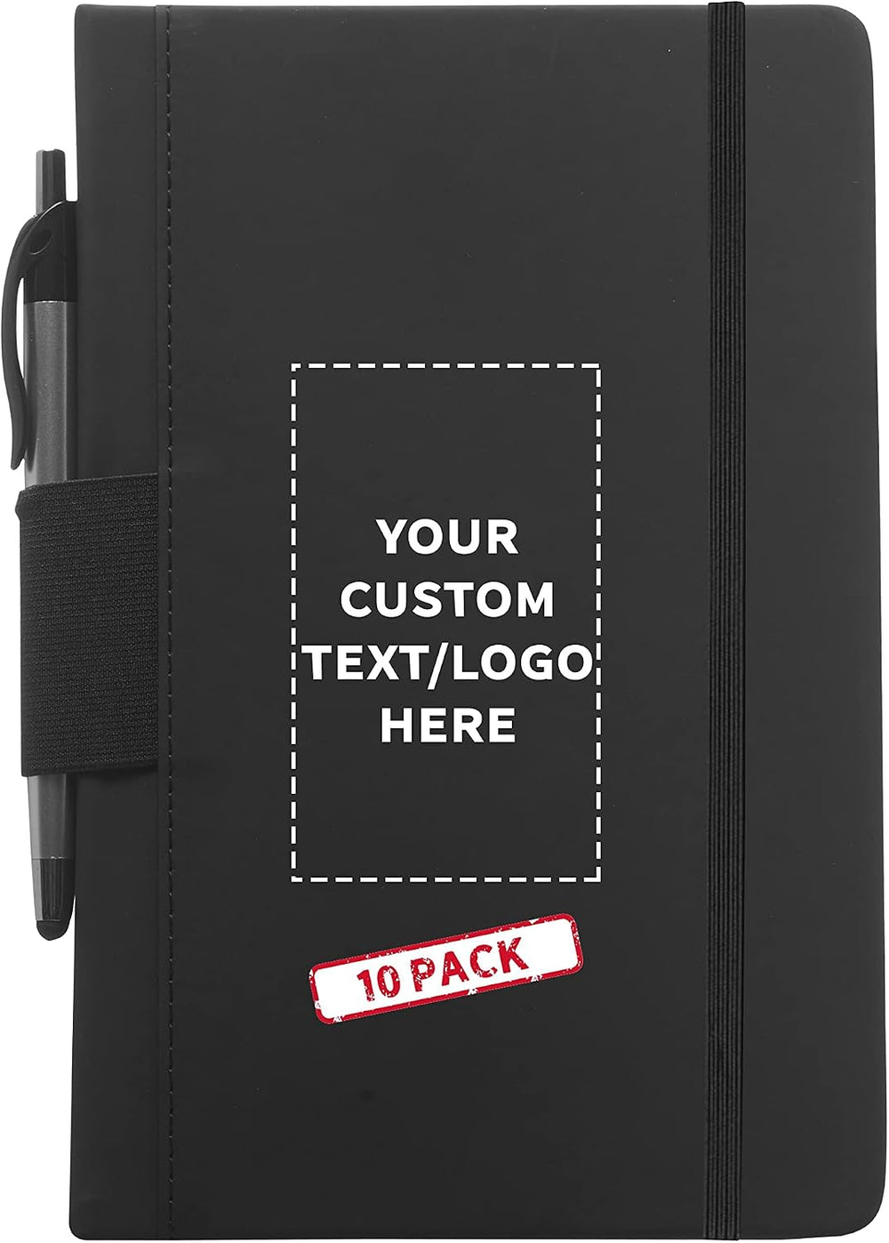 DISCOUNT PROMOS Custom Executive Notebooks with Pen Pack of 10/50/100 Personalized Text, Logo - 6 x 8.5 inches, Recycled, Pen Loop, Closure Strap - Black