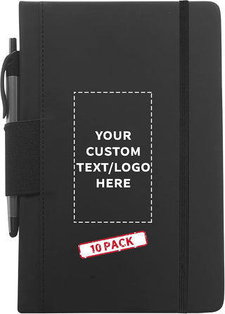 DISCOUNT PROMOS Custom Executive Notebooks with Pen Pack of 10/50/100 Personalized Text, Logo - 6 x 8.5 inches, Recycled, Pen Loop, Closure Strap - Black