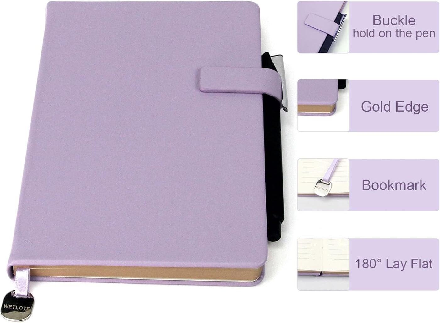 A5 Hard Cover Lined Notebook, Pen Holder & Gold Edges, 180° Lay Flat Journal, Large 5.7 x 8.4 in, Bookmark & Gift Box, Business Notebook for Work, Study, Travel(Light Purple)