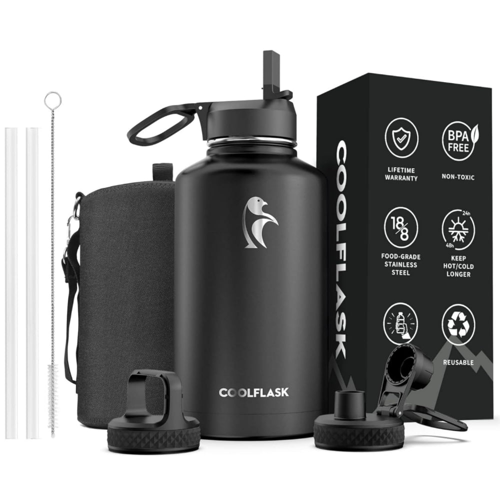 Water Bottle 40 oz Insulated with Straw&Brush, Coolflask Vaccum Stainless Steel Metal 3 Lids Water Flask for Sports, Gym or Office, Keep Cold 48H Hot 24H, Magic Black