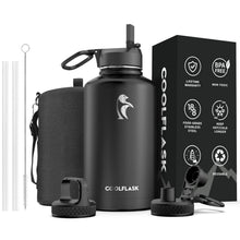 Water Bottle 40 oz Insulated with Straw&Brush, Coolflask Vaccum Stainless Steel Metal 3 Lids Water Flask for Sports, Gym or Office, Keep Cold 48H Hot 24H, Magic Black